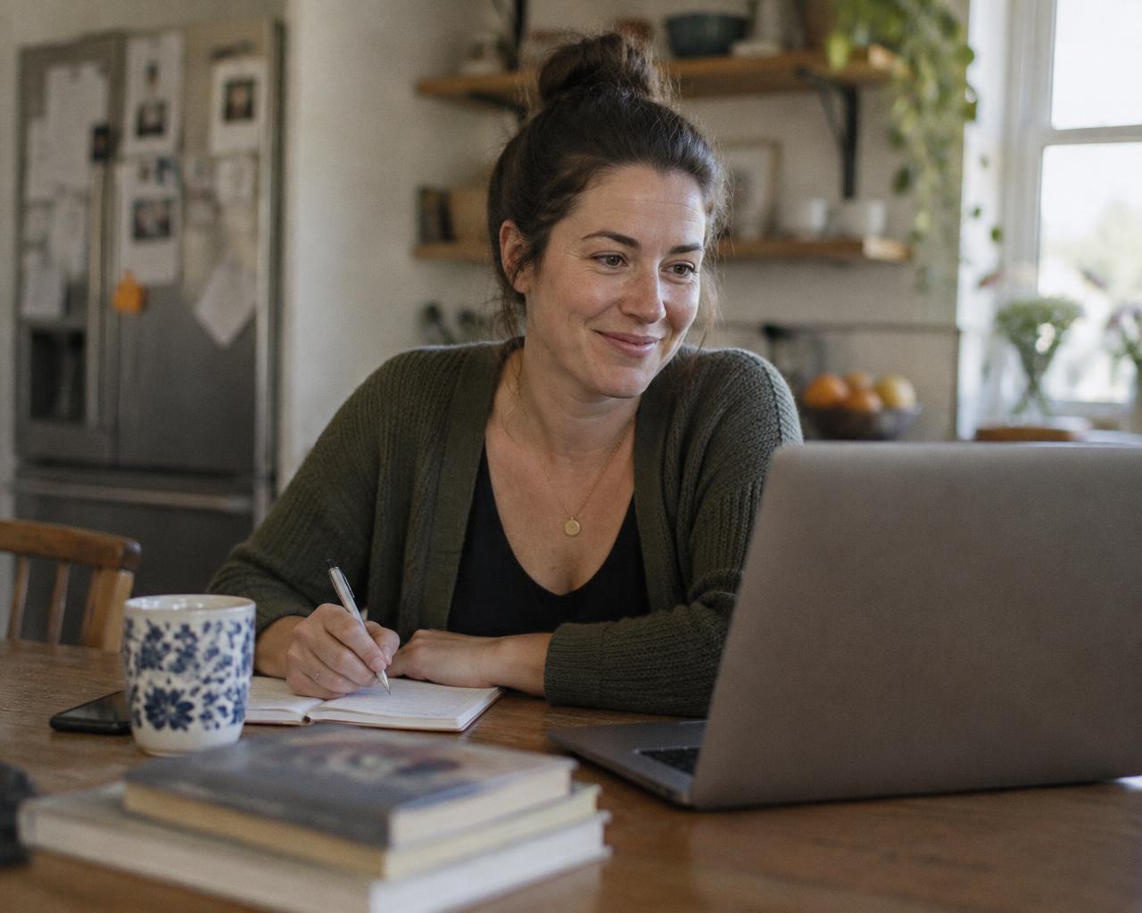 A woman smiling on a video visit at her kitchen table, taking notes